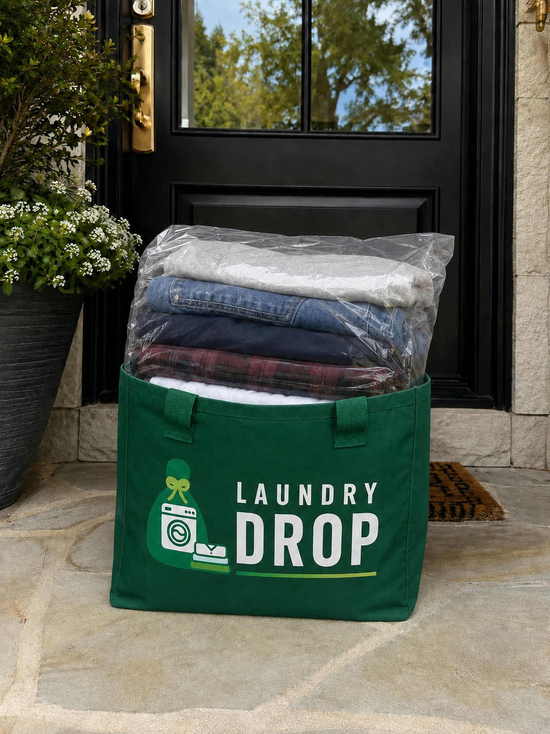 A Laundry Drop bag of clean folded laundry delivered to a doorstep
