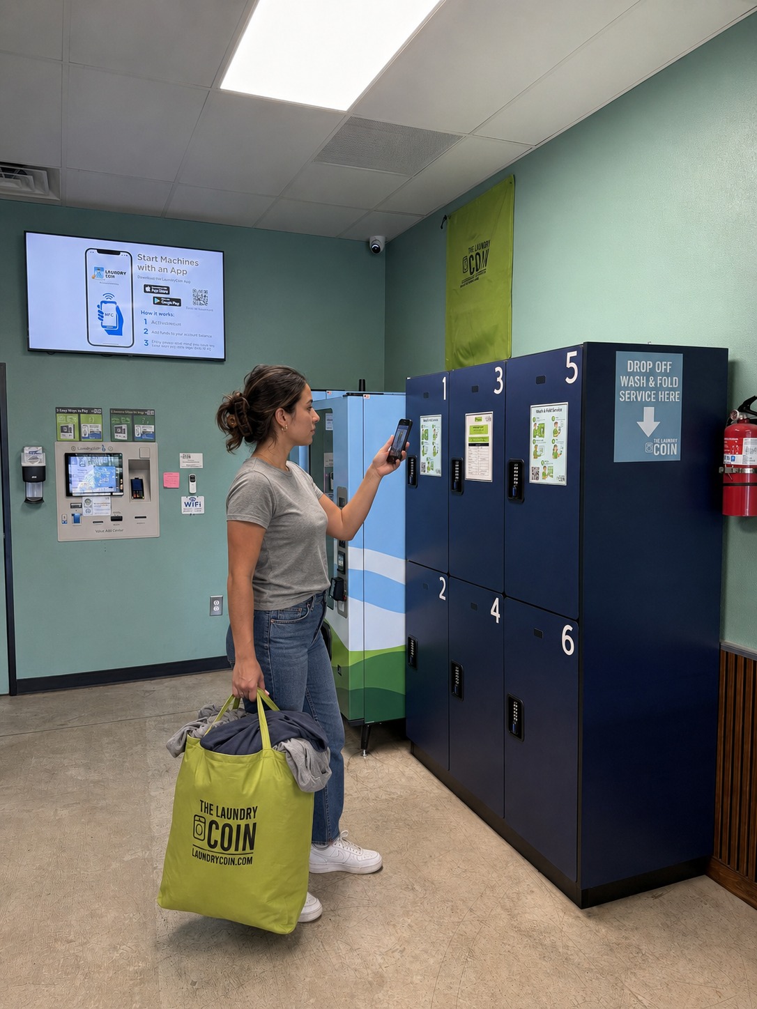 A customer at the drop-off lockers under the Drop Off Wash & Fold Service Here sign