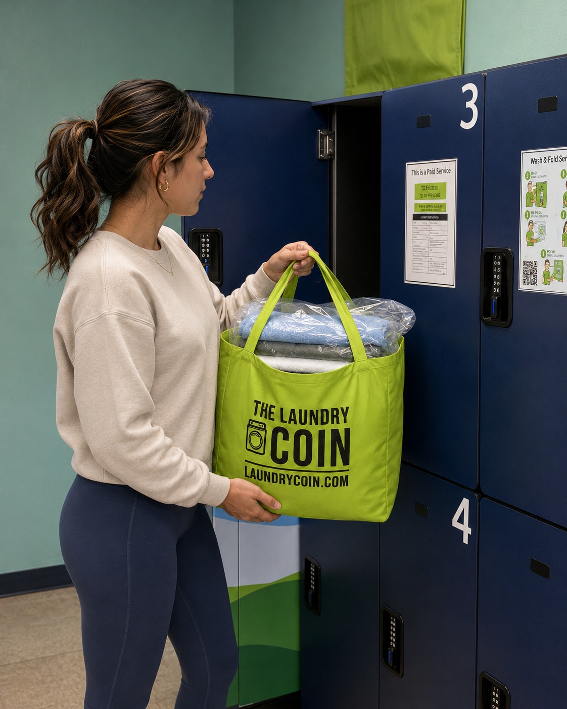 A customer lifting a bag of clean folded laundry out of a locker