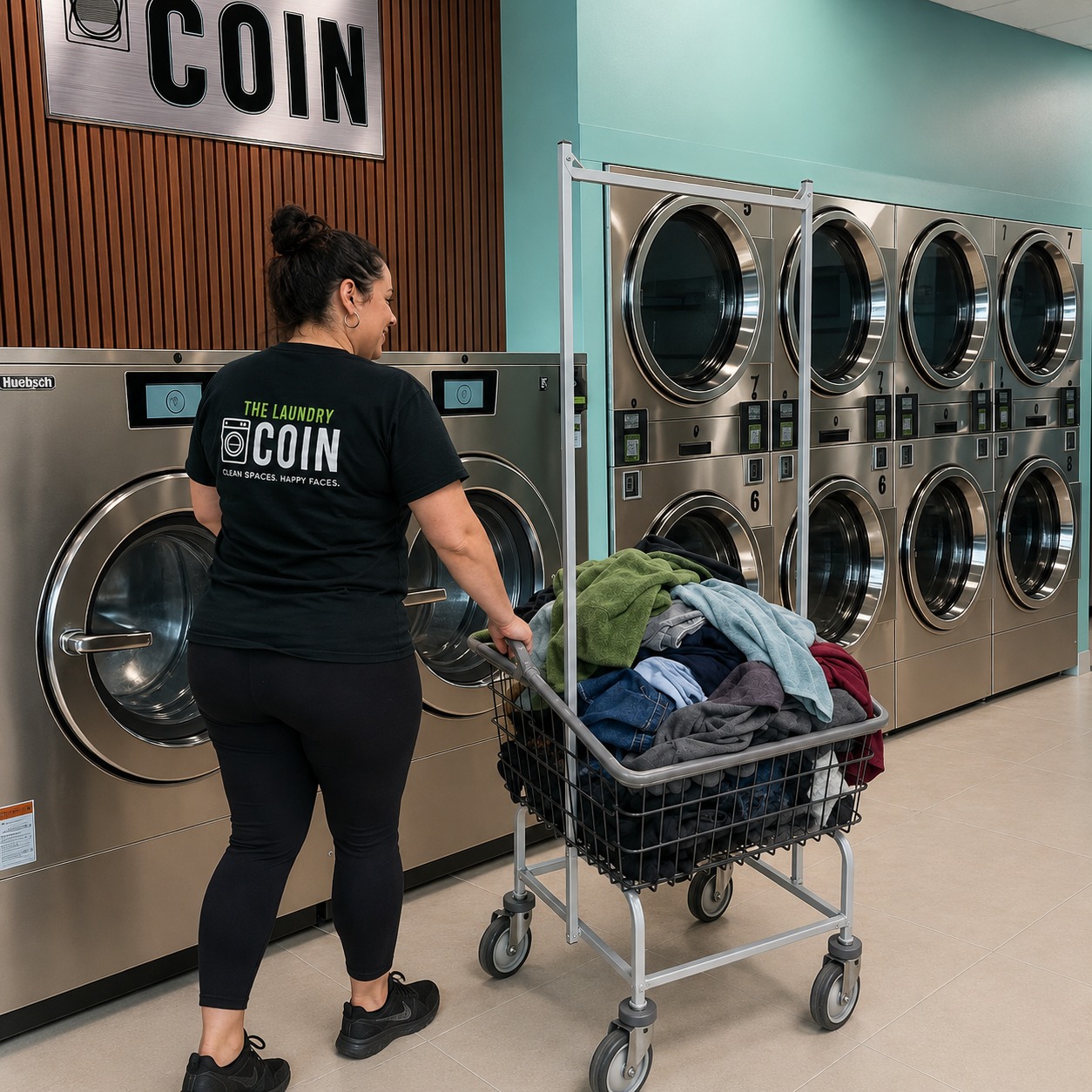 A Laundry Coin attendant wheeling a cart of laundry to the washers